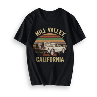 Black classic printed t shirt featuring Hill Valley California vintage car design
