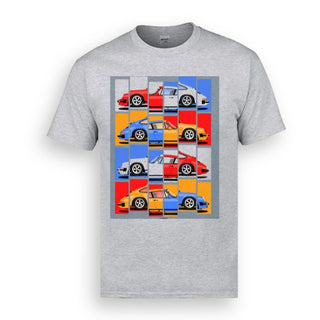 Light grey japanese car t shirt with colorful stacked cars graphic