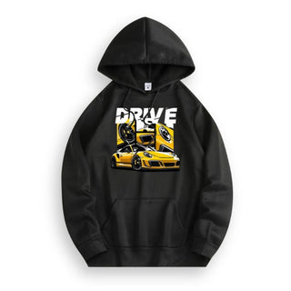 Black drawstring hoodie with car graphic