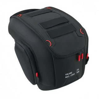 Black motorcycle tank bag with red accents on a white background