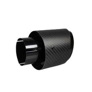 Rear angled view of a black carbon exhaust tip.