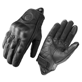 Pair of black gauntlet gloves showing front and back details