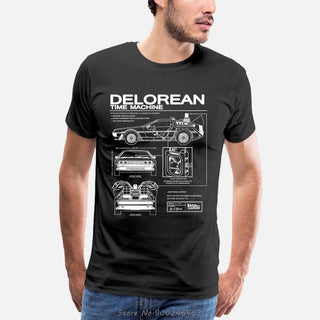 Black delorean t shirt with white schematic design worn by a man