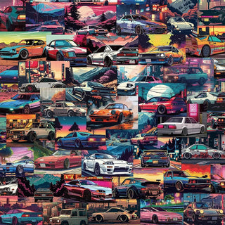 Square collage of multiple jdm stickers showcasing vibrant car designs.