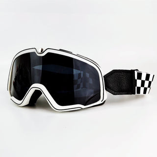 White retro motorcycle goggles with black checkered strap.